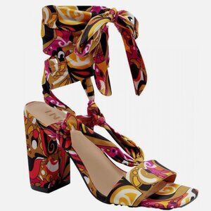 iNC Floral 60s 70s Laeelia Strappy Tie Square Toe Block Heels Shoes Size 5.5